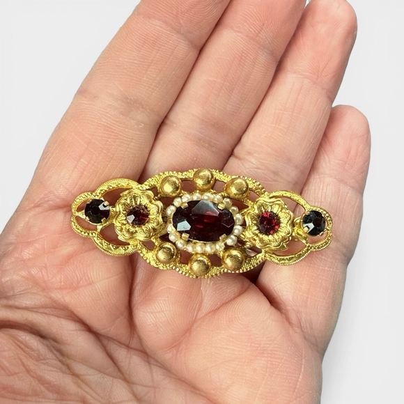 Vintage Czech Garnet Glass Brooch Seed Pearl Filigree Bar Pin Bohemian Jewelry - Picture 6 of 7